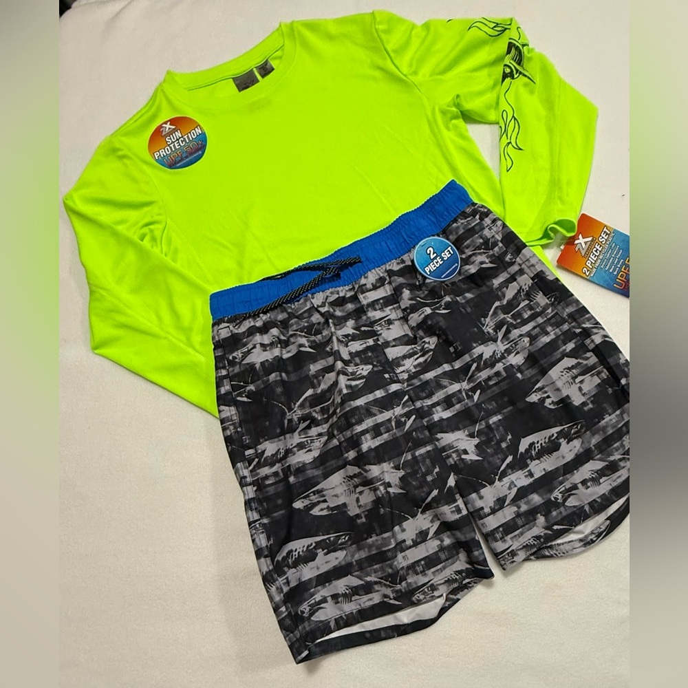 Boys L 14/16 Two Piece Set - Swim Trunks & Long Sleeve UPF 50+ Rashguard - NWT